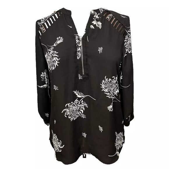 Maurices. Size L. Pullover Roll tab sleeve, Lattice inserts Top. Black B115 - Picture 1 of 7